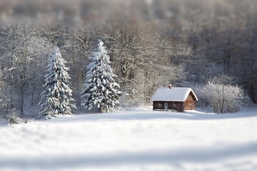 Wall Mural - The sharp contrast of a distant snow-covered cabin in a winter landscape, with the surrounding trees and snow softly blurred. 