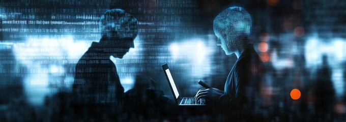 The concept of a computer programmer team using a laptop, connecting to the Internet, computing in the cloud and connecting to a data center network server, cyber security, and software development
