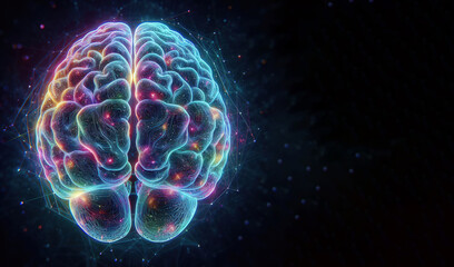 Wall Mural - Hologram of the brain. Wireframe glowing low poly design on dark background, healthy brain concept