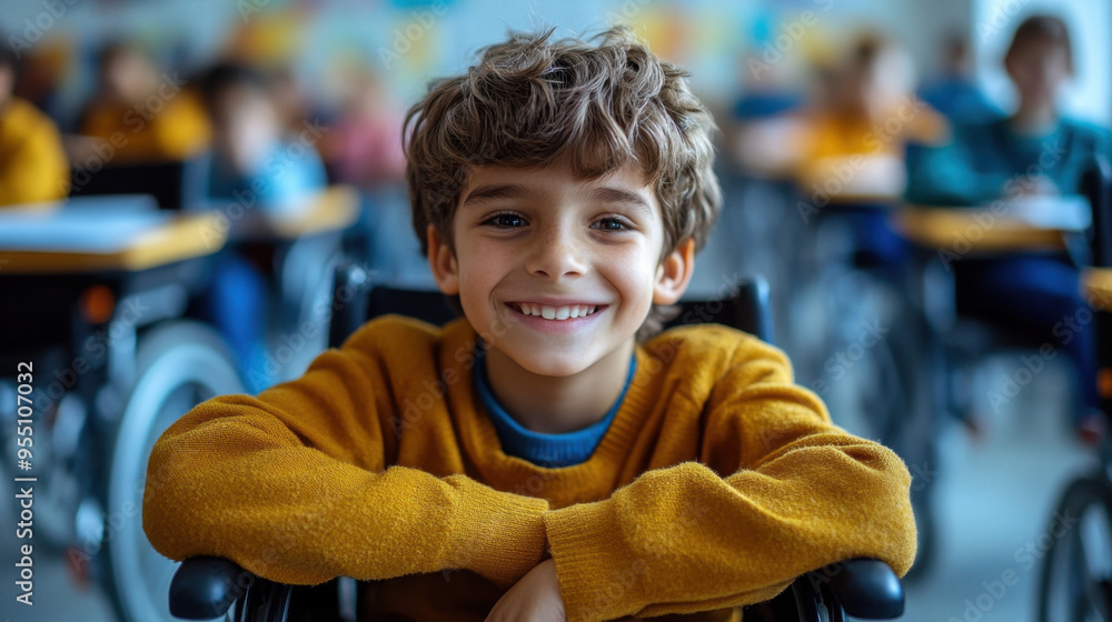 Boy With Led Disability Disabled Schoolboy, Joyful young boy in a wheelchair actively ...
