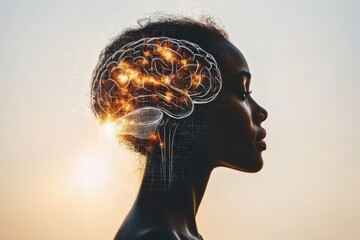 Wall Mural - Cognitive load Brain circuit A side profile of a woman with neural data streams flowing symbolizing the integration of human intellect with artificial intelligence in a digital age