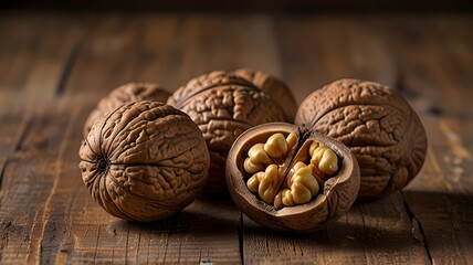 Walnuts on a Wooden Table, Rustic and Natural Setting