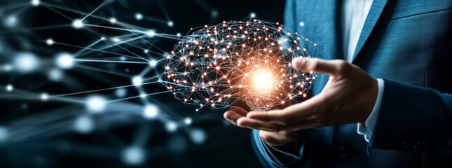 A man computer programmer with a laptop with a global network and big data, Internet of Things background. The background is abstract futuristic technology with global internet network.