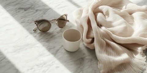 Wall Mural - Sunglasses, cup, fabric on a marble surface.