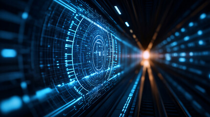 A futuristic tunnel-like digital interface with intricate blue circuits and glowing lights, representing data transfer and high-speed communication.