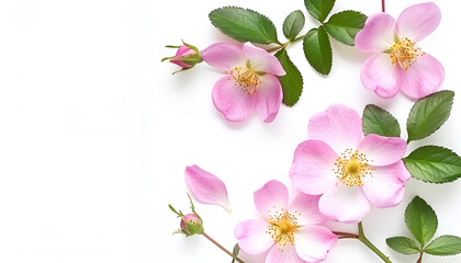 Wall Mural - Rosehip flowers with leaf isolated on white background