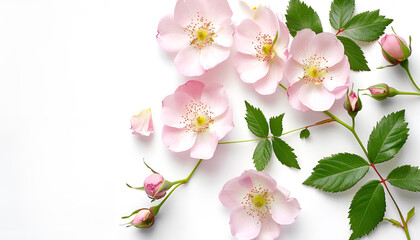 Wall Mural - Rosehip flowers with leaf isolated on white background