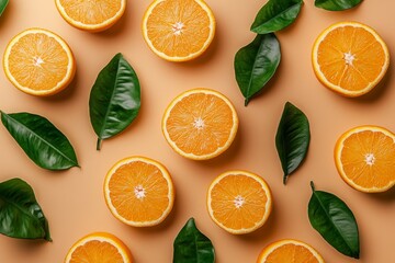 Flat lay of juicy orange slices and green leaves on a peach background.