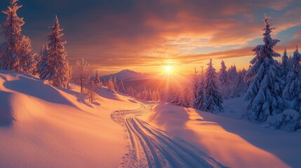 Winter sunset casting a warm glow over a snowy landscape with long shadows and a peaceful scene