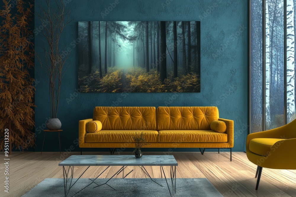 Scandinavian interior design of modern living room with vibrant yellow ...