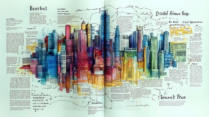 Wall Mural - Illustrated mind map editorial design focusing on magazine layouts article flow and typographic hierarchy