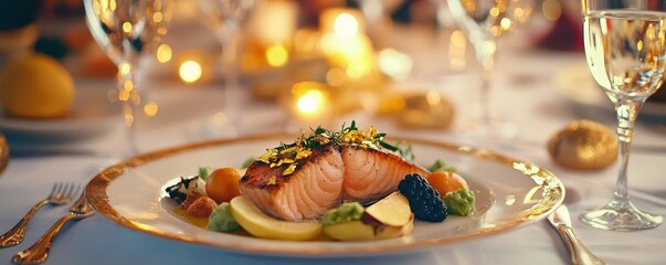 Delicious gourmet salmon dish beautifully plated with fresh vegetables, perfect for fine dining occasions and culinary photography.