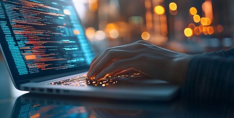 IoT, internet of things, digital technology, software developer working on laptop with javascript computer code on virtual screen.
