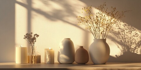 Canvas Print - Candles, vases, and dried flowers on a shelf.