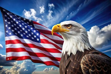 Patriotic illustration of majestic eagle perched atop waving American flag, symbolizing freedom, strength, and national pride, set against a bright blue sky backdrop.