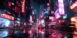 © jambulart - Neon-lit city street in the rain.