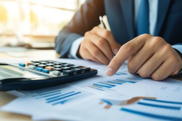 Canvas Print - Typical office scene of businesswoman using calculator to calculate financial reports, sales data, with laptop and business document on office table.