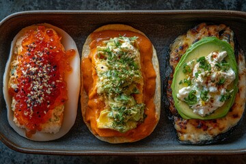 Three Savory Appetizers with Unique Toppings in a Rectangular Dish