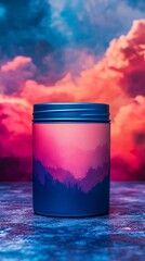 Wall Mural - A jar with a blue lid and a pink and purple design on it