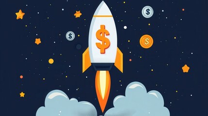 A colorful rocket launch illustration with financial symbols like dollar signs, representing investment and growth in a playful style.