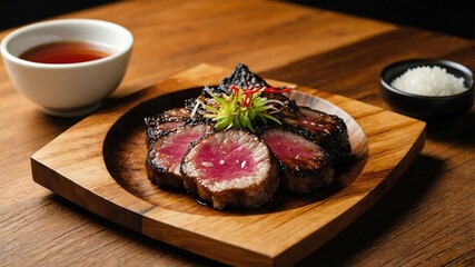 japanese grilled and fried dish yakiniku isolated on an aesthetic plate, concept for advertisement