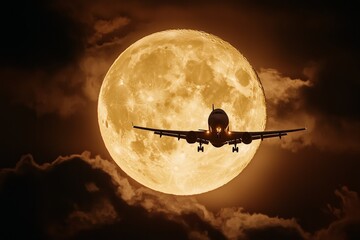 a telephoto lens perspective of a plane flying in the sky, with a giant full moon in the background