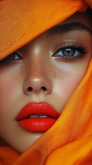 Canvas Print - A woman with red lipstick and green eyes is wearing an orange scarf