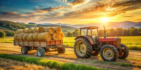 Rustic farm tractor with worn tires and faded paint hauling a large load of freshly cut hay bales across a sun-drenched rural landscape.