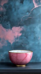 Poster - A pink bowl with gold trim sits on a shelf in front of a blue wall