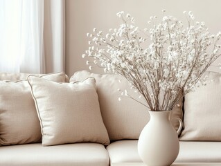 Wall Mural - Close-up of the fabric sofa with white and terra cotta pillows in the modern living room of a French country house.