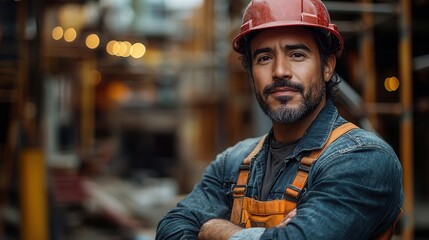 Wall Mural - confident hispanic man in safety gear and hard hat standing with arms crossed in a bustling construction site surrounded by scaffolding and heavy machinery