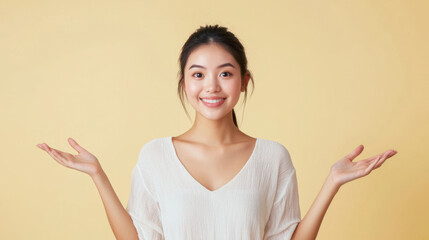 Smiling young Asian woman in white crop top and jeans with open arms against a beige background