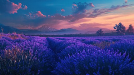 Lavender in full bloom at dusk, with the last light of the day casting a soft, ethereal glow over the fields and the sky darkening to deep blue