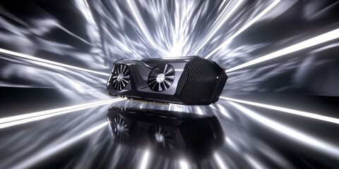 Black graphics card with two fans in a speed blur.