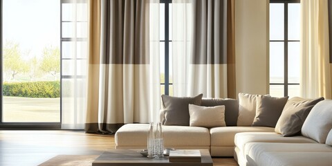 Canvas Print - A modern living room with a couch and curtains.