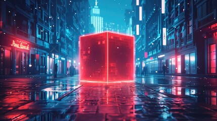 Wall Mural - Abstract red neon box in city or street with blue sparks background wallpaper