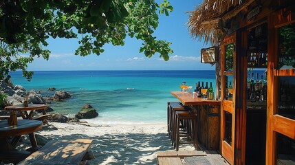 Wall Mural - Paradise Found: Beach Bar Bliss with Tropical Cocktails, Thatched Roofs, and Ocean Views