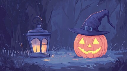 A spooky Halloween scene featuring a glowing jack-o'-lantern with a witch hat and an old lantern in a dark forest.