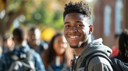 Wall Mural - Smiling young african man with backpack standing on campus or college with blurred background