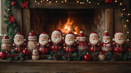 cozy winter cabin interior with vintage santa claus figurines arranged on rustic wooden shelves warm fireplace glow twinkling lights and pine garlands create a nostalgic christmas atmosphere