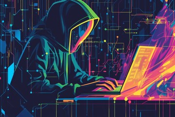 hacker, programmer or coder in a hoodie typing on a laptop, with holographic lines of code and circu