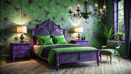 Wall Mural - Spooky-chic bedroom furniture, including a bold purple bed frame, sparkly black nightstand, and eerie green dresser, creates a whimsical lair for a young creature.