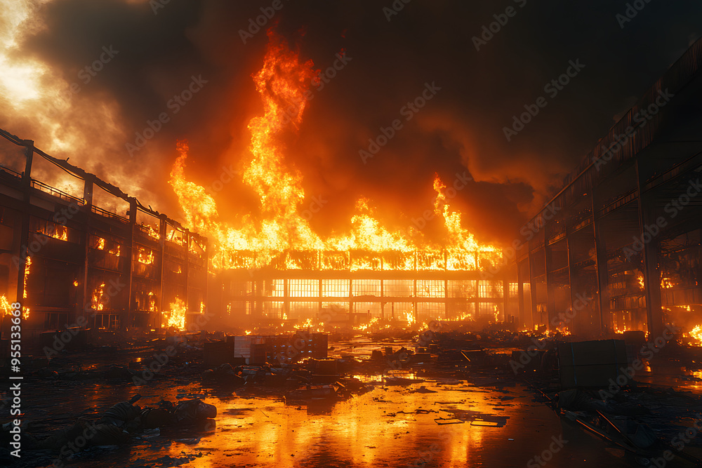 Large Fire in Industrial Building with Flames and Smoke Filling the Air ...