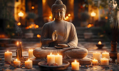 Sticker - A peaceful 3D Buddha in a meditative pose, surrounded by candles and incense, with detailed textures and warm, calming light creating a serene ambiance