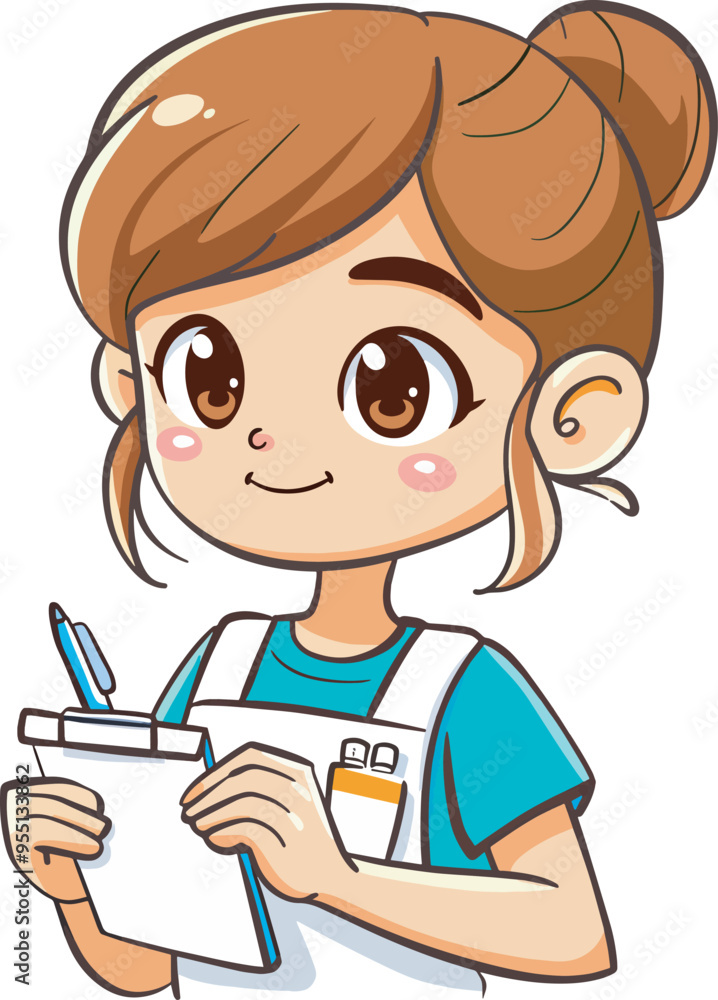 Cute cartoon young girl writing notes taking down information friendly ...