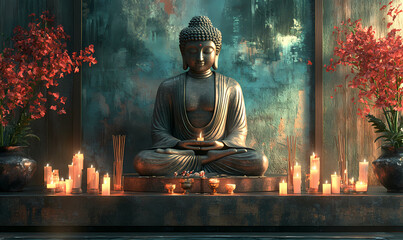 Wall Mural - A peaceful 3D Buddha in a meditative pose, surrounded by candles and incense, with detailed textures and warm, calming light creating a serene ambiance