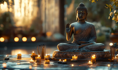 Wall Mural - A peaceful 3D Buddha in a meditative pose, surrounded by candles and incense, with detailed textures and warm, calming light creating a serene ambiance