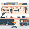 © Graphic Dude - Workshop interior workbench tools equipment garage storage DIY workspace craftsman carpentry carpentry tools repairman hand tools instruments renovation building construction house maintenance
