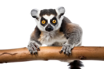 Wall Mural - A playful lemur cat with large, expressive eyes and a striped tail, isolated on white background