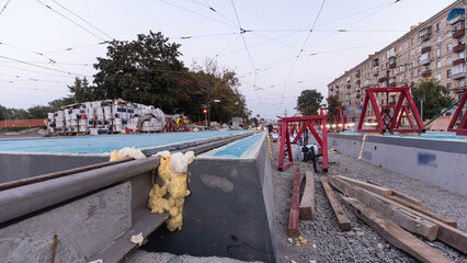 Road construction site with tram tracks repair and maintenance timelapse hyperlapse.